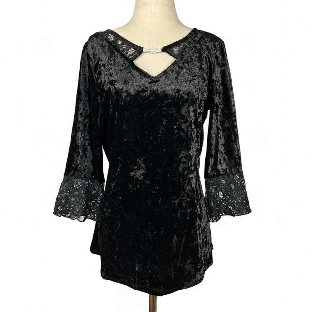 Vintage Y2K Women's Crushed Velvet Lace Tunic Top Jeweled Goth Witchy Vamp